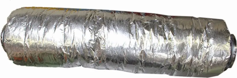 Flexible Schalldämpfer für Lüftungsanlagen, mit silberner Folie umwickelt, zur Schallreduzierung. Geeignet für Produkte von Wolf.